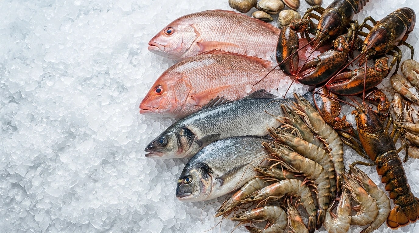 Fresh seafood displayed on ice